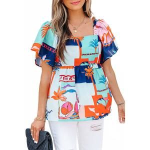 NEW LOVESOFT tropical printed square neck babydoll blouse in blue